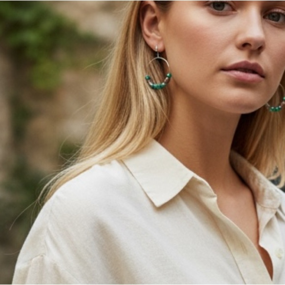 Alex And & Ani Watercolor Hoop Bead Earrings Silver Fern NEW